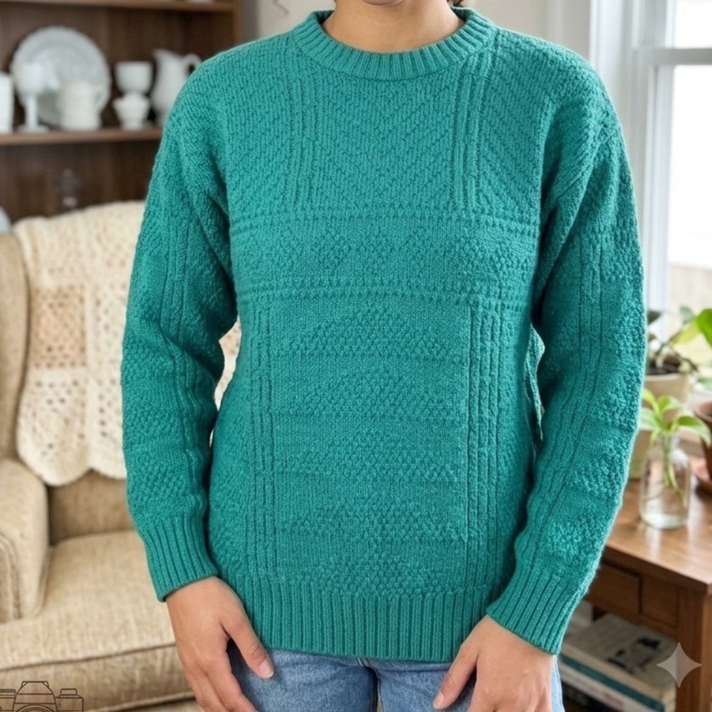 Northern Isles Vintage Teal Green Textured Knit‎ Wool Blend Sweater Large